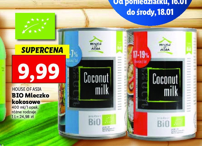 Mleczko kokosowe bio 17-19% House of asia promocja