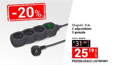 Przedłużacz listwowy 3 m z włącznikiem 3 gniazda promocja w Merkury Market