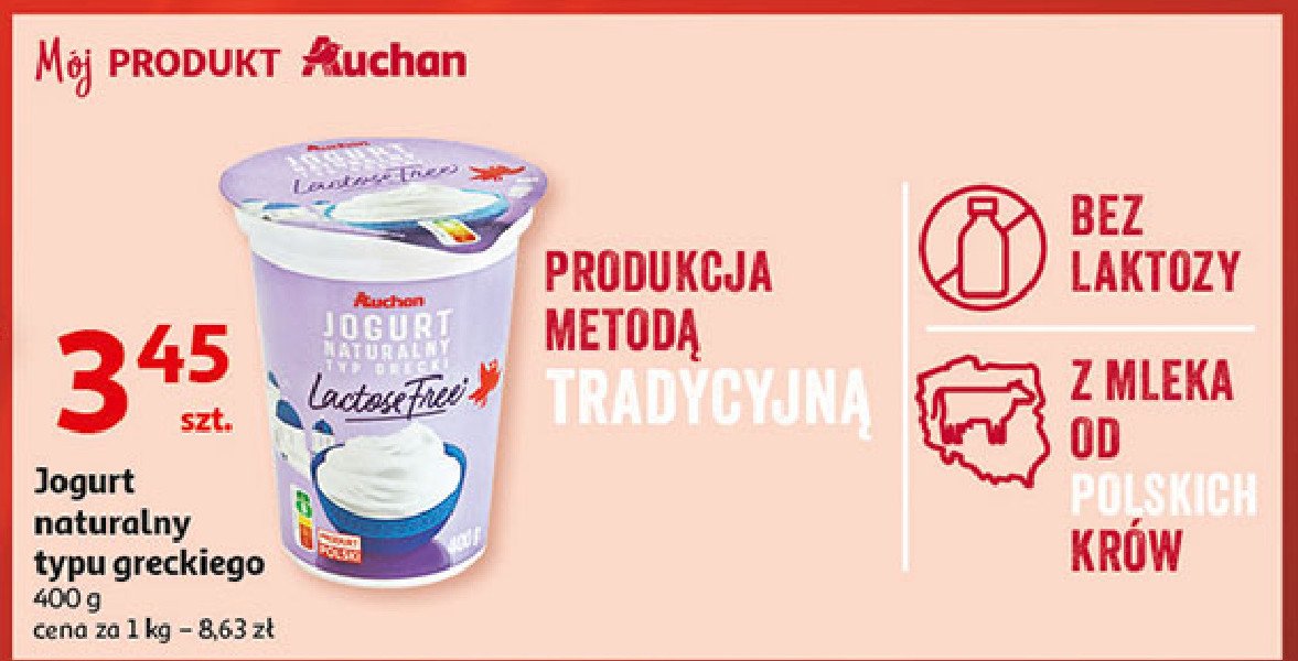 Jogurt naturalny grecki bez laktozy Auchan różnorodne (logo czerwone) promocja
