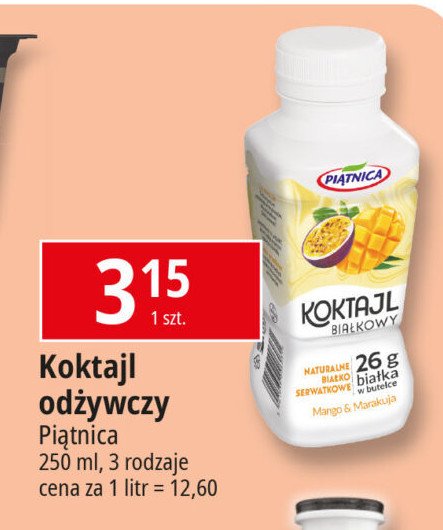 Koktajl z białkiem serwatkowym mango marakuja owies Piątnica promocja w Leclerc