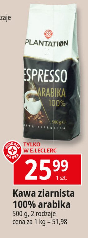 Kawa espresso arabica Wiodąca marka plantation promocja w Leclerc