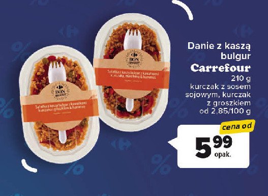 Sałatka z kaszy bulgur z kawałkami kurczaka groszkiem i hummusem Carrefour bon appetit! promocja