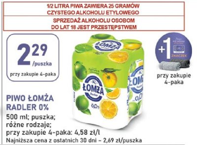 Piwo Łomża Radler 0% promocja w Stokrotka