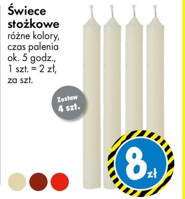 Świece stożkowe różne kolory czas palenia ok. 5 godz. promocja w Tedi