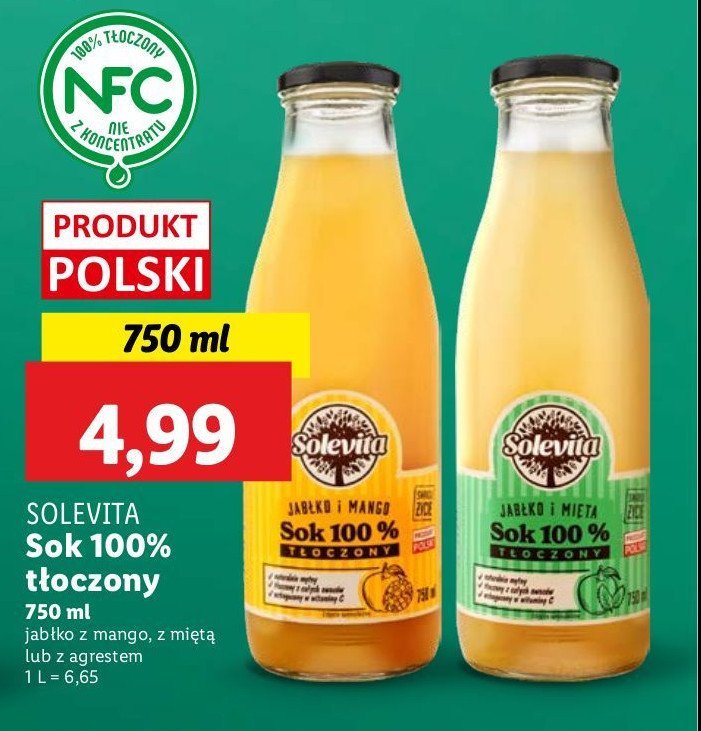 Sok 100% t艂oczony jab艂ko i mango Solevita promocja