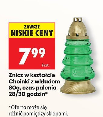 Znicz w kształcie Choinki z wkładem 80g, czas palenia 28/30 godzin promocja w Biedronka