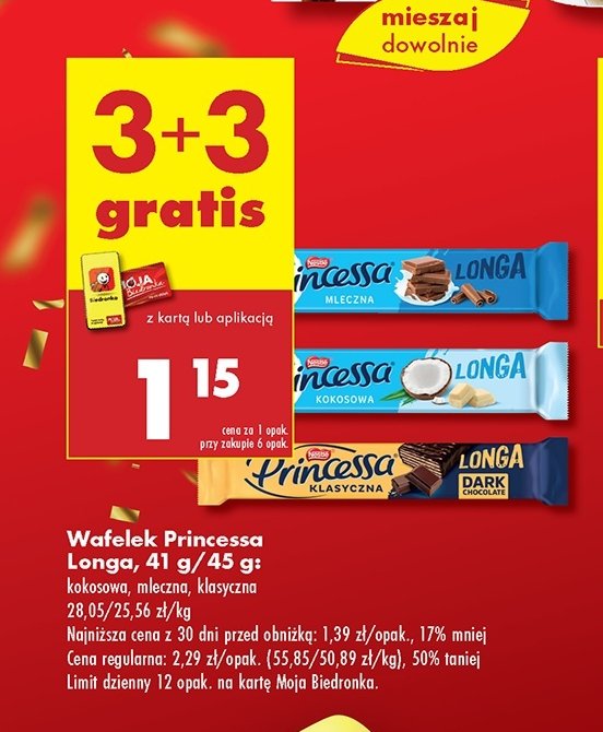 Wafelek dark chocolate klasyczna Princessa longa promocja w Biedronka