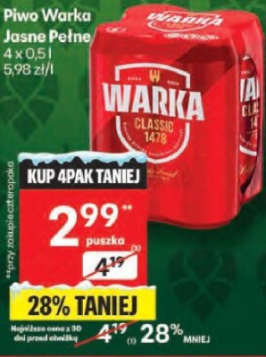 Piwo Warka Jasne Pełne promocja w Delikatesy Centrum