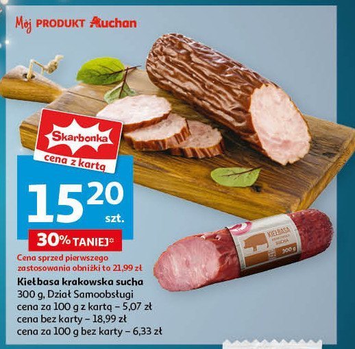 Kiełbasa krakowska sucha Auchan różnorodne (logo czerwone) promocja w Auchan