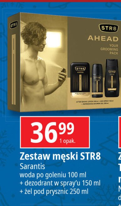 Zestaw w pudełku ahead żel pod prysznic 250 ml + dezodorant 150 ml + woda po goleniu 100 ml Str8 zestaw promocja w Leclerc