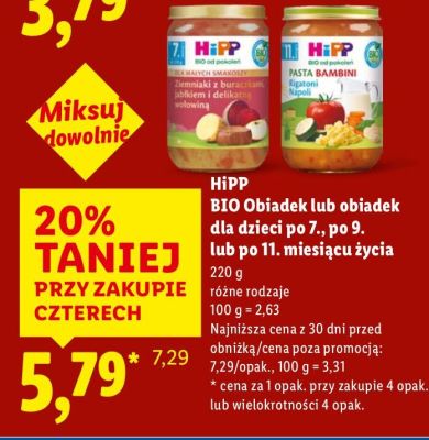 Obiadek HiPP BIO dla dzieci po 7., po 9. lub po 11. miesiącu życia promocja w Lidl