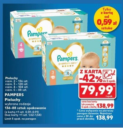 Pieluszki dla dzieci 5 Pampers premium care promocja w Kaufland