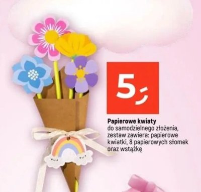 Papierowe kwiaty do samodzielnego złożenia, zestaw zawiera: papierowe kwiatki, 8 papierowych słomek oraz wstążkę promocja w Dealz