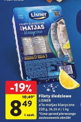 Filety śledziowe Lisner a'la matjas klasyczne 220 g, 38,59 zł / 1 kg promocja w Intermarche