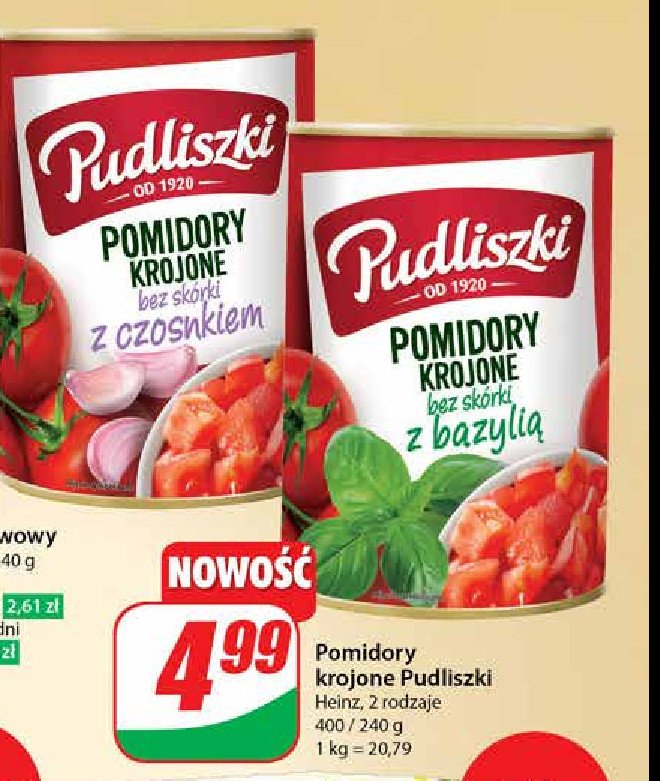 Pomidory krojone bez skórki z bazylią Pudliszki promocja w Dino