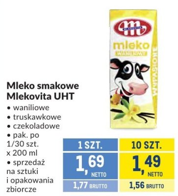 Mleko smakowe Mlekovita UHT waniliowe, truskawkowe, czekoladowe promocja w Makro