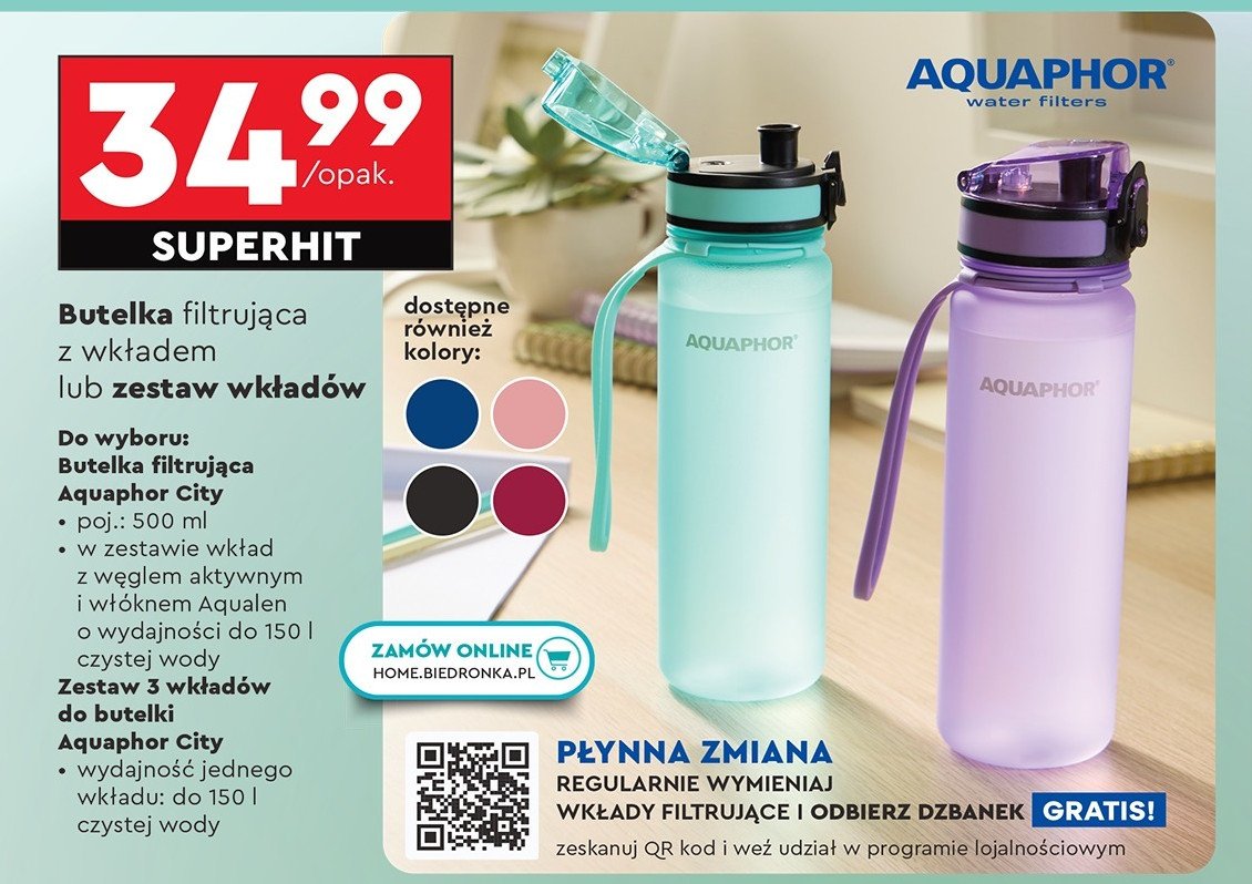 Butelka filtrująca 500 ml niebieska Aquaphor promocja w Biedronka