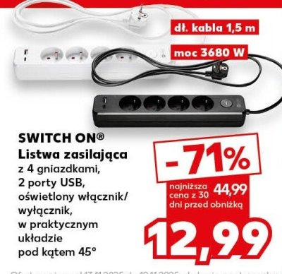Listwa zasilająca SWITCH ON z 4 gniazdkami, 2 porty USB promocja w Kaufland