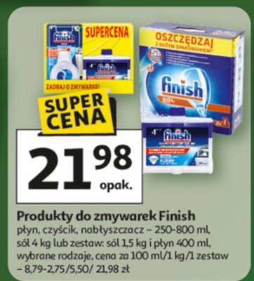 Produkty do zmywarek Finish płyn, czyścik, nabłyszczacz - 250-800 ml, sól 4 kg lub tabs - sól 1,5 kg i tabs 200 ml, wybrane rodzaje promocja w Auchan