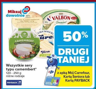 Ser camembert różne rodzaje 120-250 g drugi -50% taniej promocja w Carrefour