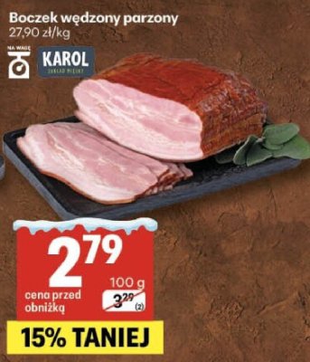Boczek wędzony parzony Karol promocja w Delikatesy Centrum