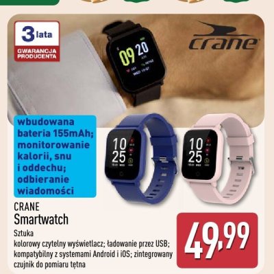 Smartwatch CRANE - kolorowy wyświetlacz, ładowanie przez USB, Android i iOS, zintegrowany czujnik do pomiaru tętna promocja w Aldi