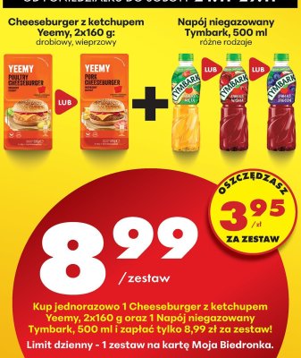 Zestaw: cheeseburger z ketchupem Yeemy drobiowy/wieprzowy + napój niegazowany Tymbark różne rodzaje 500 ml promocja w Biedronka