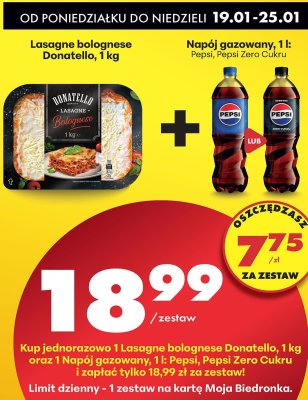 Zestaw: Lasagne bolognese Donatello + napój gazowany Pepsi promocja w Biedronka