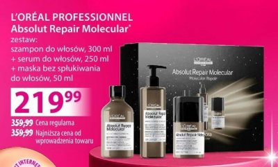 Zestaw kosmetyków do włosów L'ORÉAL PROFESSIONNEL Absolut Repair Molecular szampon 300ml + serum 250ml + maska 50ml promocja w Hebe