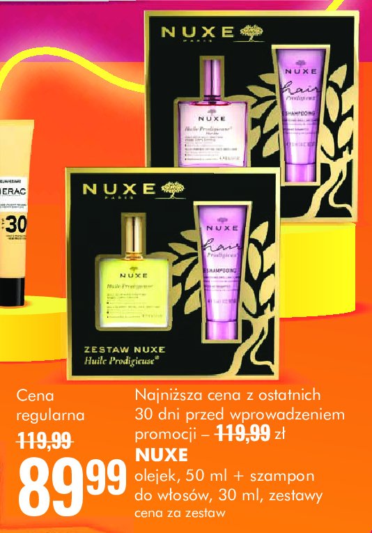 Zestaw w kartonie huile prodigieuse: olejek do włosów 50 ml + szampon do włosów 30 ml Nuxe zestaw promocja