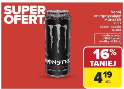 Napój energetyzujący MONSTER Ultra Black 0,5 l promocja w Carrefour