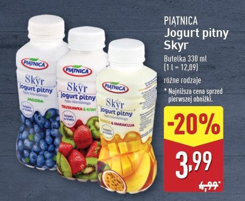 Jogurt pitny truskawka i kiwi Piątnica skyr promocja w Aldi