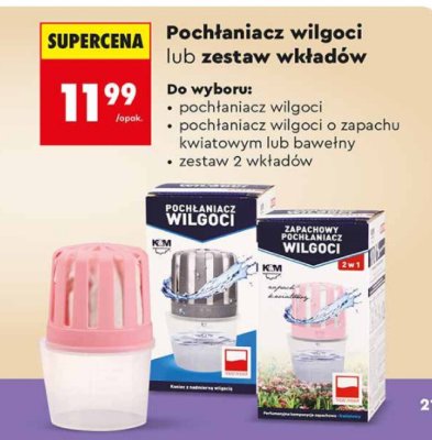Pochłaniacz wilgoci K&M lub zestaw wkładów (pochłaniacz wilgoci lub pochłaniacz wilgoci o zapachu kwiatowym lub bawełny, zestaw 2 wkładów) promocja w Biedronka