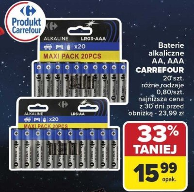 Baterie alkaliczne AA, AAA 20 szt. różne rodzaje promocja w Carrefour
