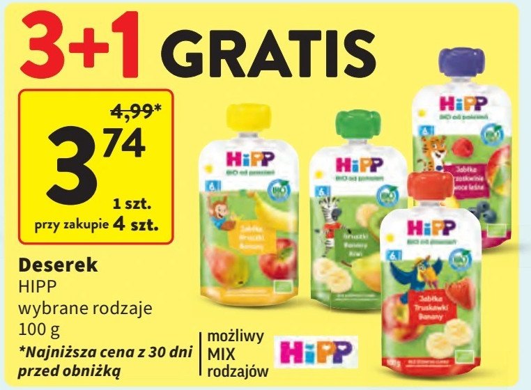 Jabłka-brzoskwinia-jagoda-malina Hipp organic fruit & pieces promocja w Intermarche