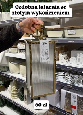 Latarnia ozdobna ze złotym wykończeniem 15x16x34cm promocja w Pepco
