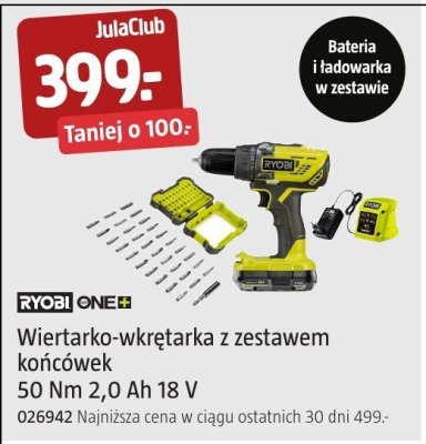 Wiertarko-wkrętarka z zestawem końcówek RYOBI ONE+ 50 Nm 2,0 Ah 18 V promocja w Jula