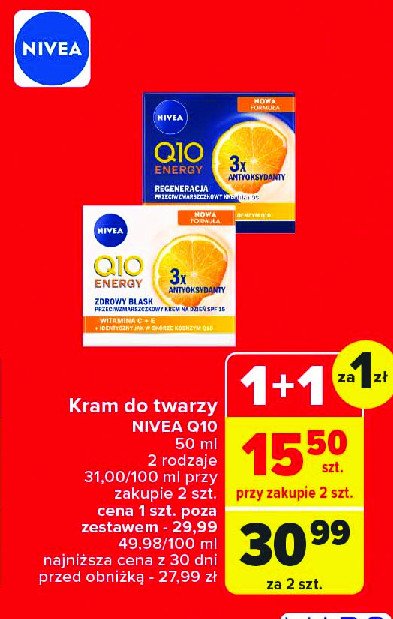 Krem do twarzy energetyzujący na dzień odmłodzona i pełna energii cera spf 15 Nivea q10 promocja