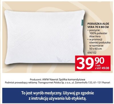 Poduszka Aloe Vera 70 x 80 cm promocja w Selgros