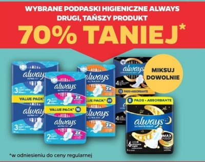 Podpaski higieniczne Always, drugi tańszy produkt 70% taniej promocja w Netto