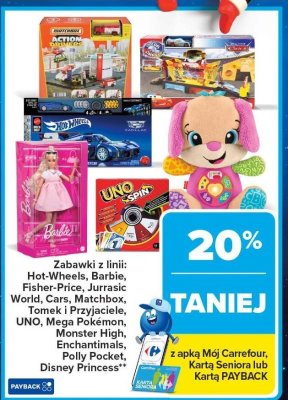 Zabawki z linii: Hot-Wheels, Barbie, Fisher-Price, Jurrasic World, Cars, Matchbox, Tomek i Przyjaciele, UNO, Mega Pokémon, Monster High, Enchantimals, Polly Pocket, Disney Princess promocja w Carrefour Market