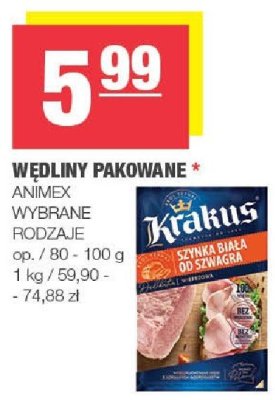 Wędliny pakowane Animex Krakus wybrane rodzaje promocja w SPAR