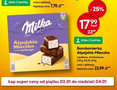Bombonierka Milka Alpejskie Mleczko waniliowe, śmietankowe promocja w Żabka