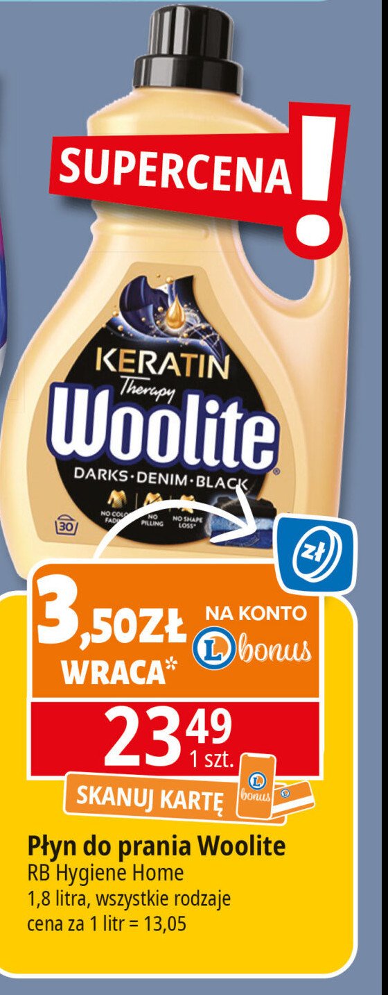 Płyn do prania dark Woolite keratin promocja w Leclerc