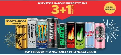 Napoje energetyczne wszystkie 3+1 gratis promocja w Netto