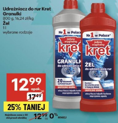 Udrażniacz do rur Kret Granulki Żel 800 g, 16,24 zł/kg promocja w Delikatesy Centrum