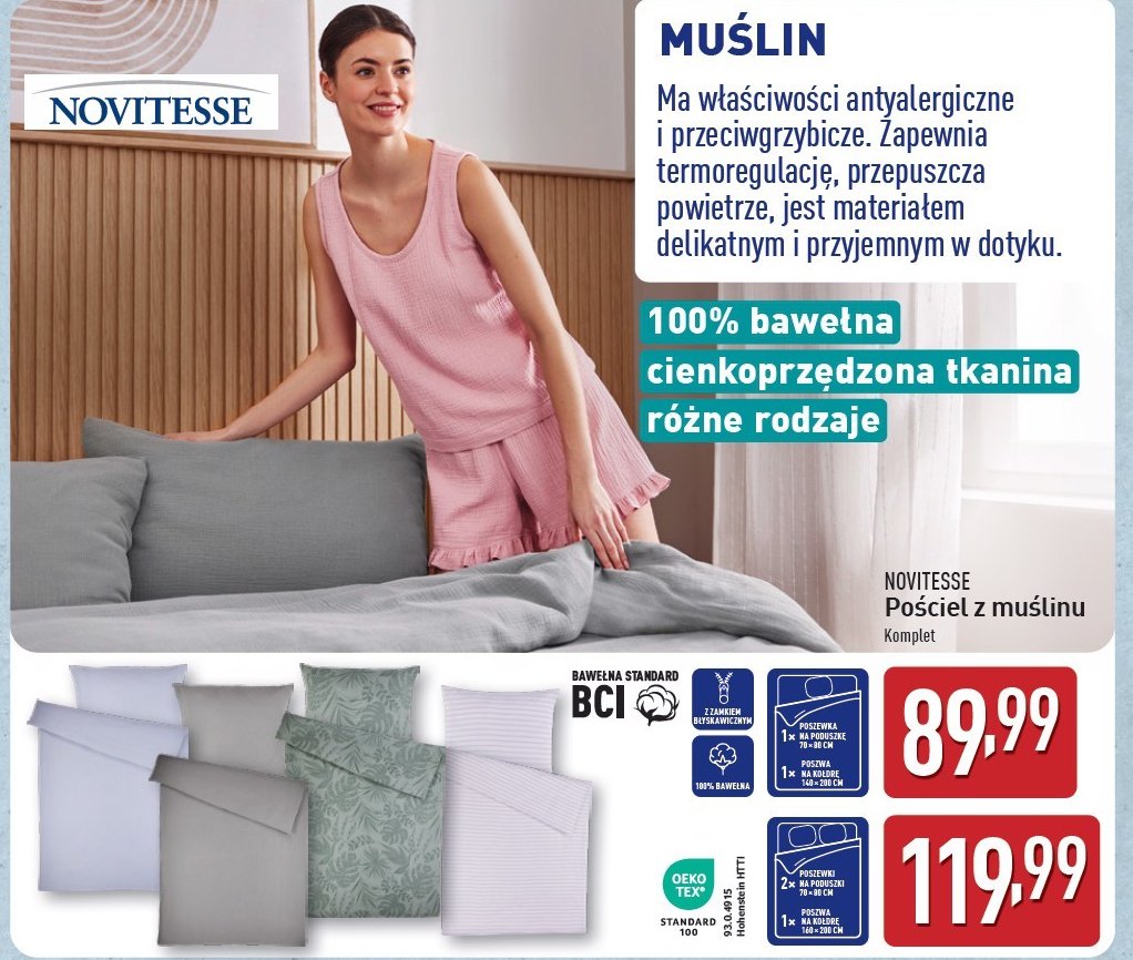 Komplet pościeli muślinowej 220 x 200 cm + 2 x 70 x 80 cm Novitesse promocja w Aldi