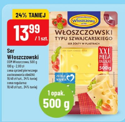 Ser Włoszczowski typu szwajcarskiego żółty w plastrach OSM Włoszczowa promocja w POLOmarket