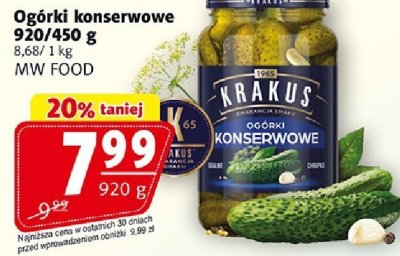 Ogórki konserwowe Krakus 920/450 g promocja w Prim Market