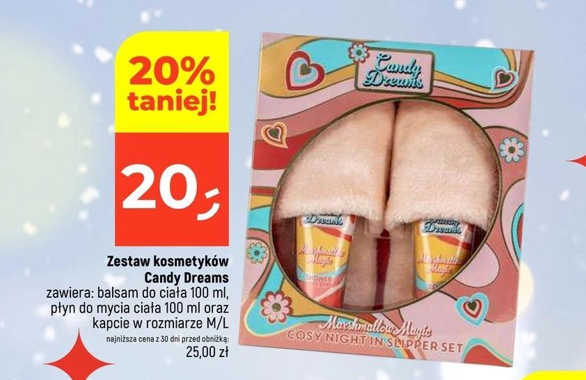 Zestaw w pudełku candy dreams marshmallow magic balsam do ciała 100 ml + płyn do ciała 100 ml + kapcie m/l Xpel zestaw promocja